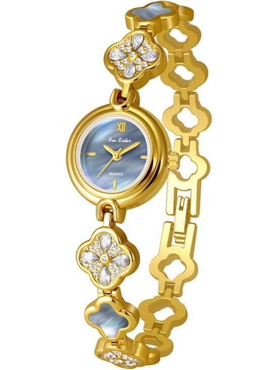 Accessories - Women's Gold Blue Analog Quartz Vintage Hollow Four Leaf Chain Bracelet Watch